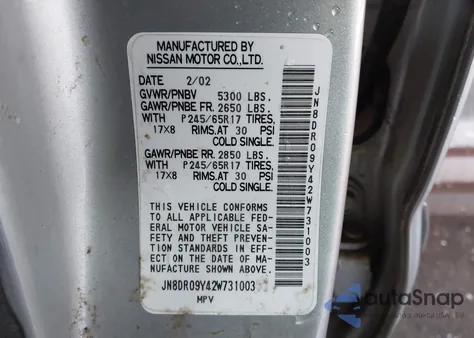 2002 Nissan Pathfinder Le из США, поврежденный, VIN JN8DR09Y42W731003